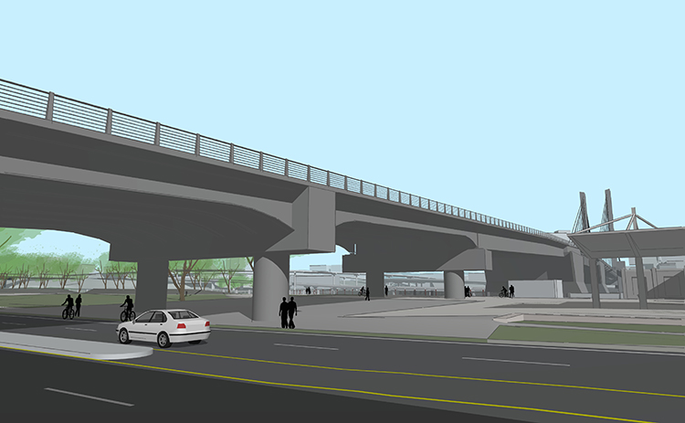 Цифровой вид усовершенствованной балочной конструкции на западной стороне Burnside Bridge, показывающий на два ряда меньше колонн в парке на набережной и больший горизонтальный и вертикальный зазор по сравнению с существующим мостом.